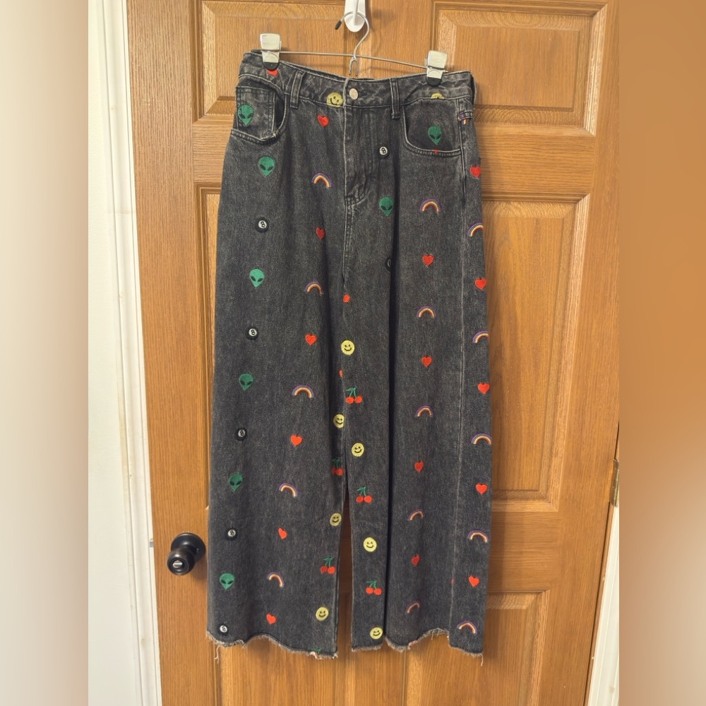 Dressed in LALA - Embroidered Wide-Leg Jeans with Colorful Patches - sold out